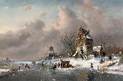 Charles Leickert Numerous skaters near a koek-en-zopie on a frozen waterway by a mansion, Germany oil painting artist